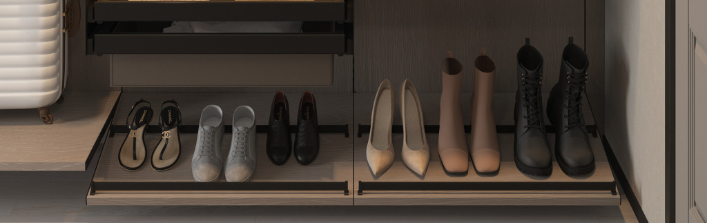 An aluminium shoe rack profile ARISTO is a simple and practical way to create shoe shelves in hallways, dressing rooms, and walk-in closets. A new, convenient shoe storage solution: an aluminium shoe rack profile ARISTO is a simple and practical way to create shoe shelves in hallways, dressing rooms, and walk-in closets.